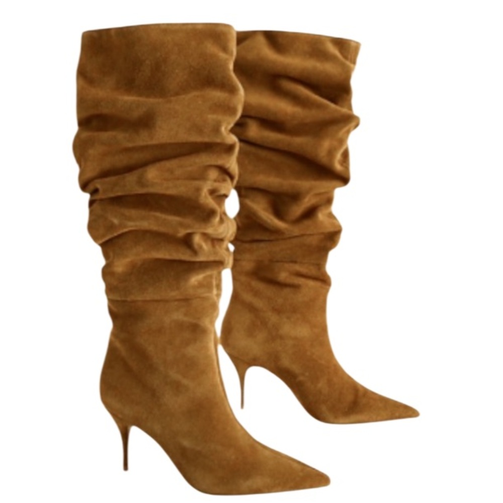 Express Tan Slouchy Suede Knee-High Heeled Boots